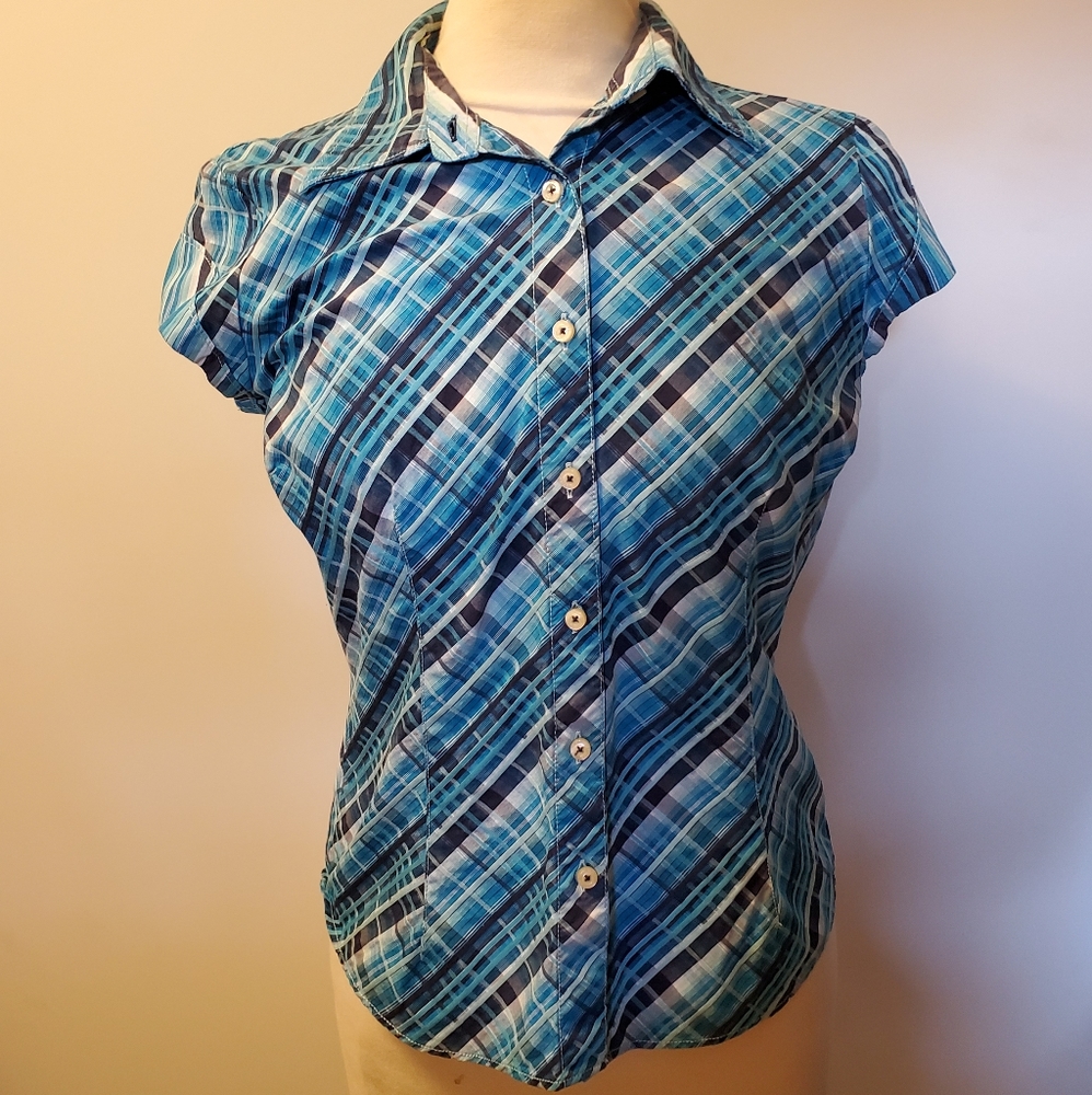 Tommy Hilfiger Button Plaid Stretch Top